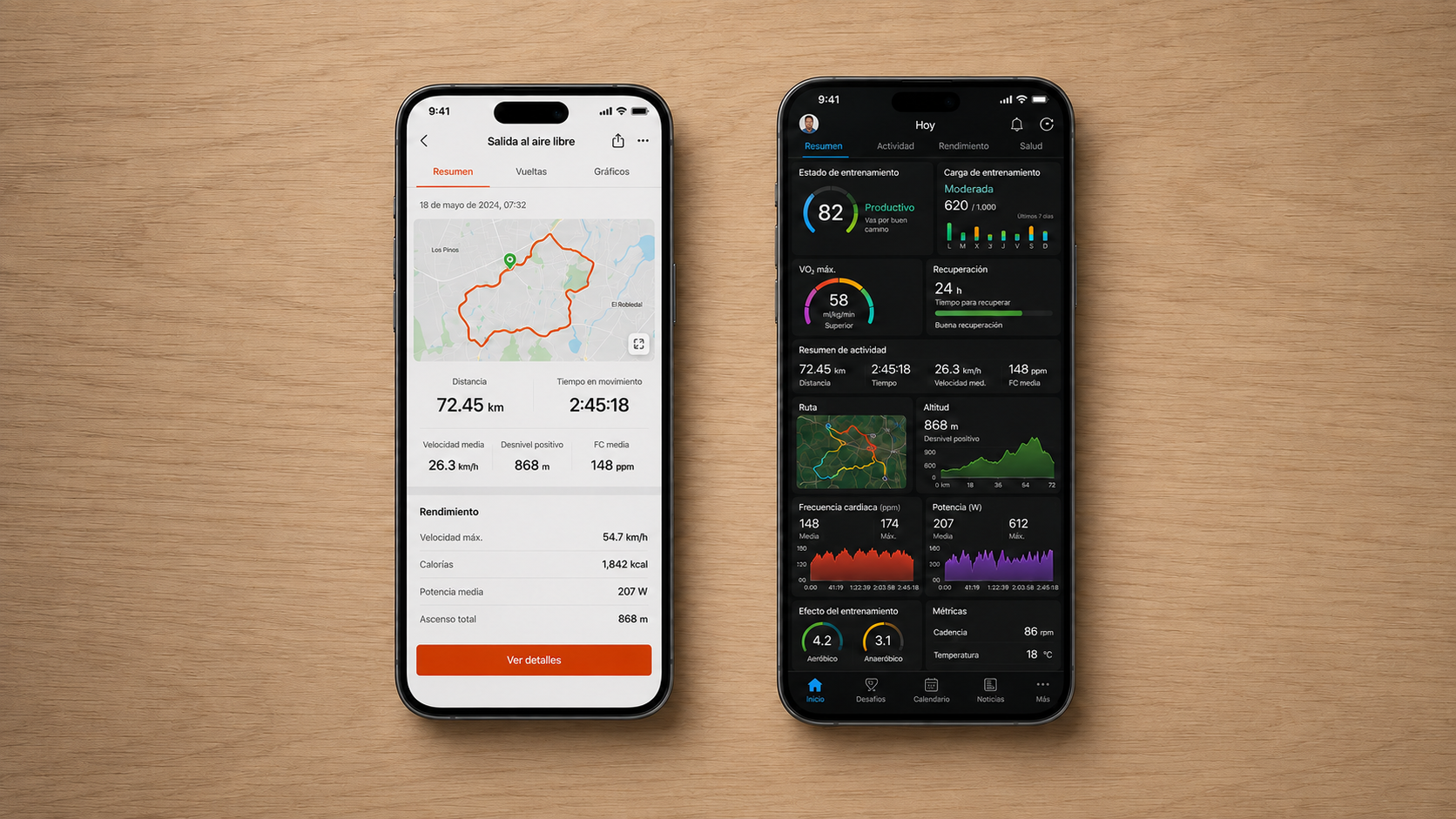 Garmin Connect e iGPSPORT Ride comparados en dos teléfonos móviles