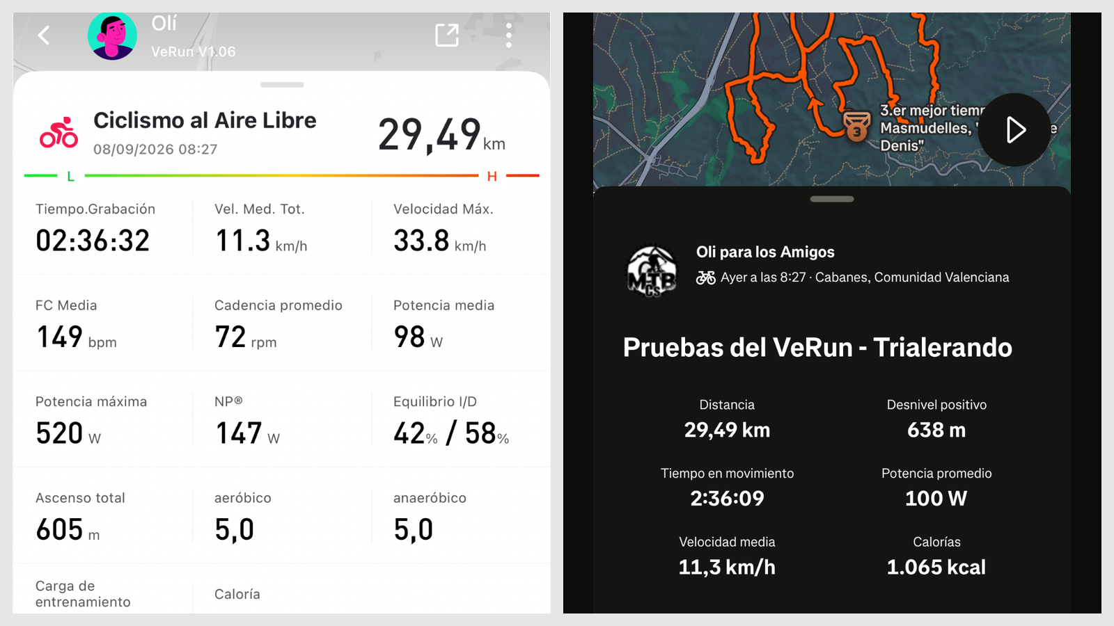 Comparación de distancia y desnivel registrados por iGPSPORT VeRun y Strava